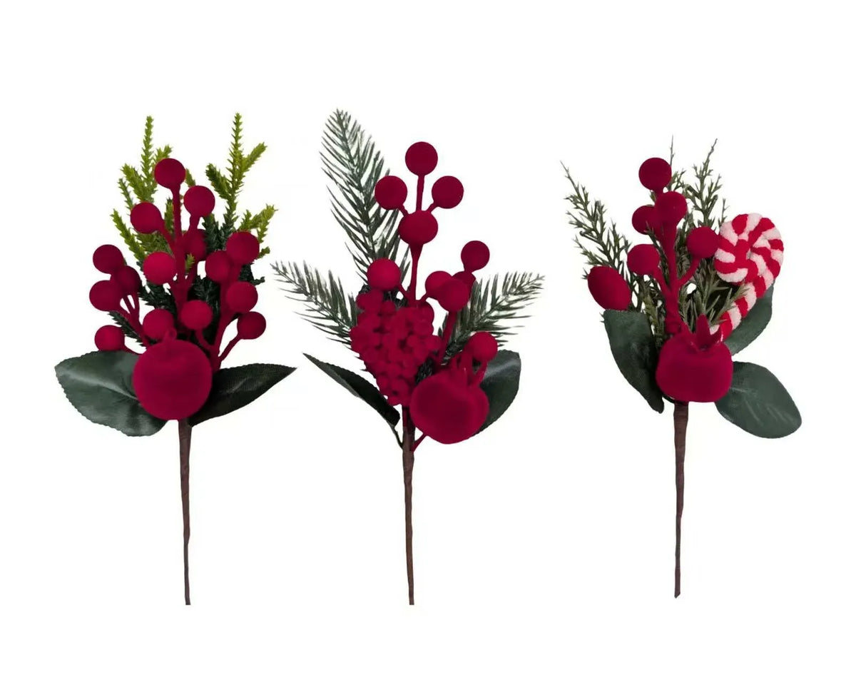 Christmas Flocking Berry Pick, 21 cm – 3 Assorted Designs
