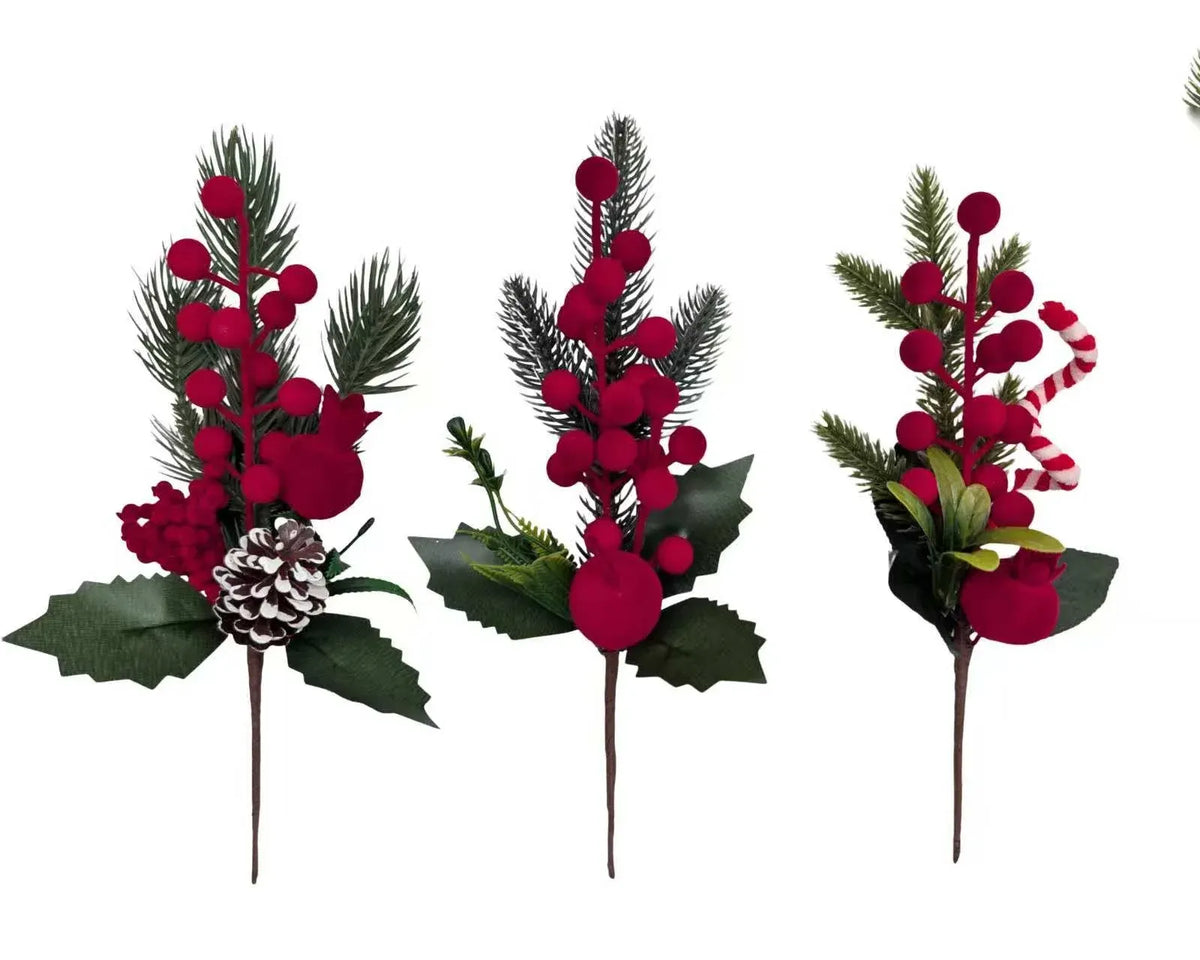 Christmas Flocking Berry Pick, 26 cm – 3 Assorted Designs