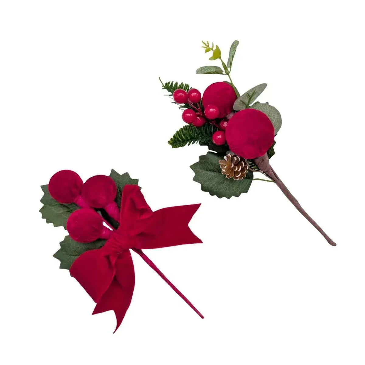 Christmas Red Velvet Bauble Pick, 20 cm – 2 Assorted Designs, Bulk Buy x24