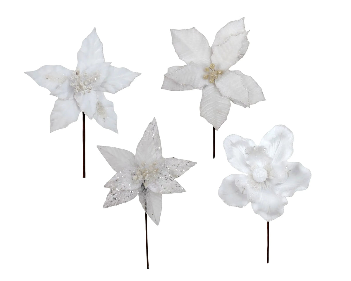 Christmas White Poinsettia Pick, 14–20 cm dia. x 20 cm – 4 Assorted Designs, Bulk Buy x36