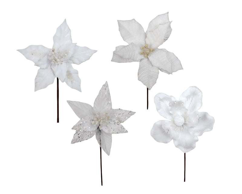Christmas White Poinsettia Pick, 14–20 cm dia. x 20 cm – 4 Assorted Designs, Bulk Buy x36