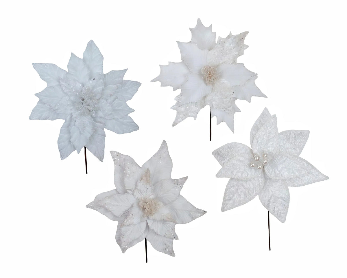 Christmas White Poinsettia Pick, 27–30 cm dia. x 30 cm – 4 Assorted Designs, Bulk Buy x36