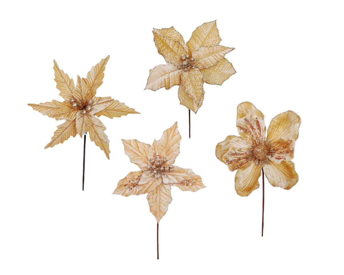 Christmas Champagne Poinsettia Pick, 14–23 cm dia. x 20 cm – 4 Assorted Designs, Bulk Buy x36