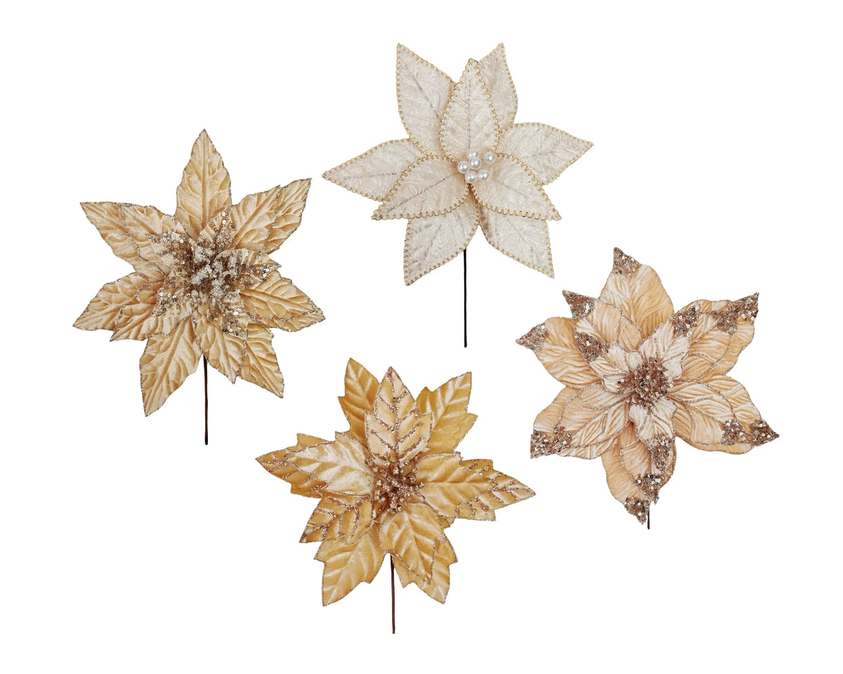 Christmas Champagne Poinsettia Pick, 27–30 cm dia. x 30 cm – 4 Assorted Designs, Bulk Buy x36