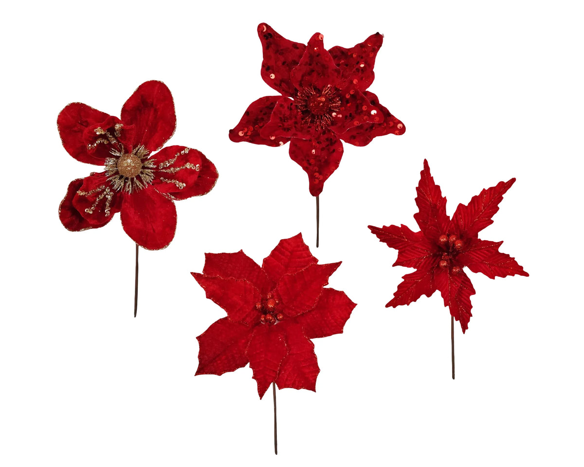 Christmas Red Poinsettia Pick, 14–23 cm dia. x 20 cm – 4 Assorted Designs, Bulk Buy x36
