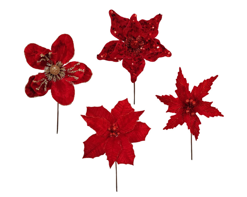 Christmas Red Poinsettia Pick, 14–23 cm dia. x 20 cm – 4 Assorted Designs, Bulk Buy x36