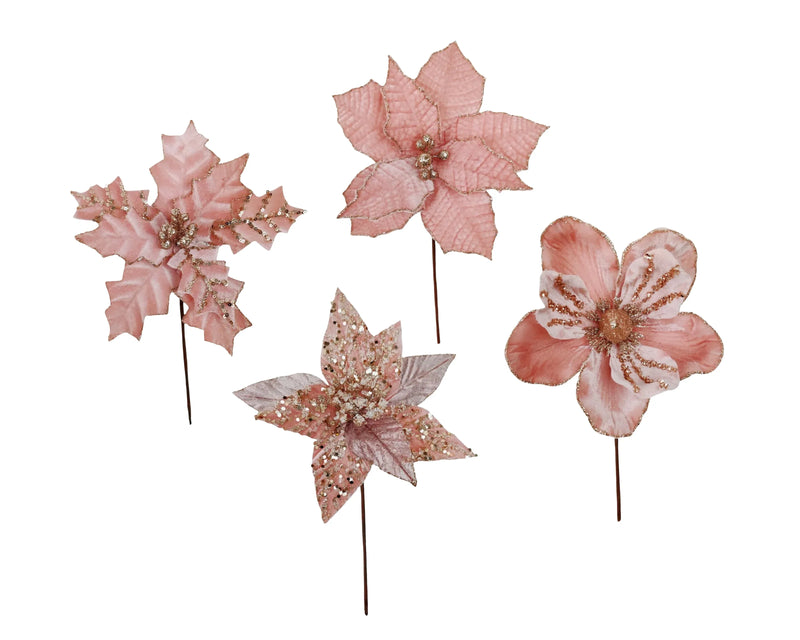 Christmas Pink Poinsettia Pick, 14–20 cm dia. x 20 cm – 4 Assorted Designs, Bulk Buy x36