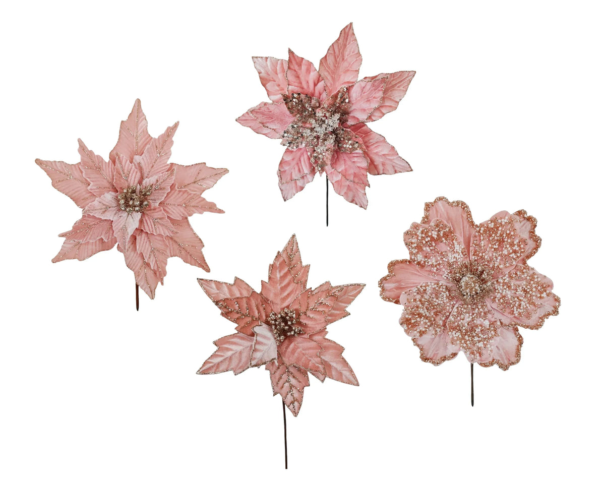 Christmas Pink Poinsettia Pick, 14–20 cm dia. x 30 cm – 4 Assorted Designs, Bulk Buy x36