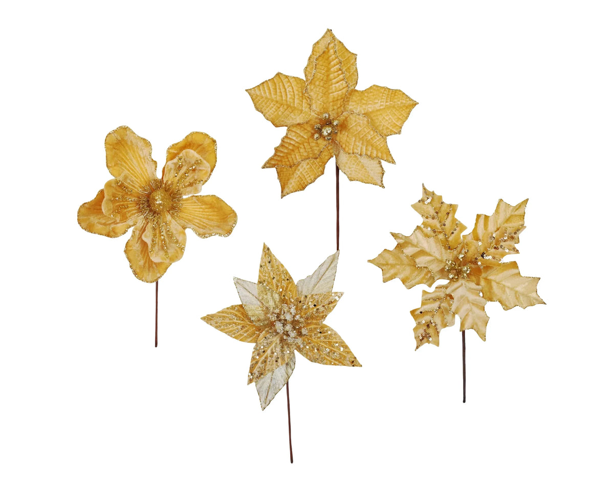 Christmas Gold Poinsettia Pick, 14–20 cm dia. x 20 cm – 4 Assorted Designs, Bulk Buy x36