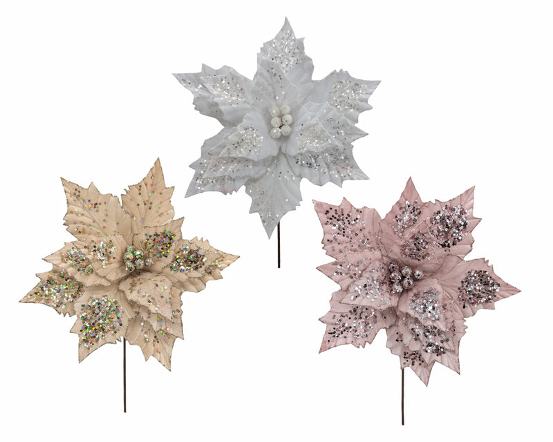 Christmas Velvet Glitter Poinsettia, 30 x 30 cm – 3 Assorted Designs, Bulk Buy x24