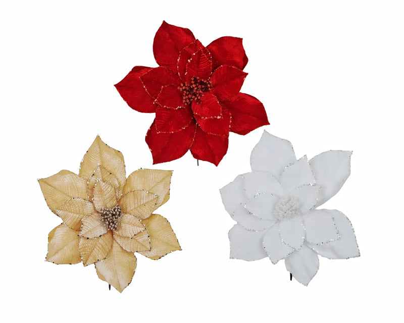 Christmas Poinsettia in Assorted Colours, 40 cm dia. x 40 cm – 3 Assorted Designs, Bulk Buy x24