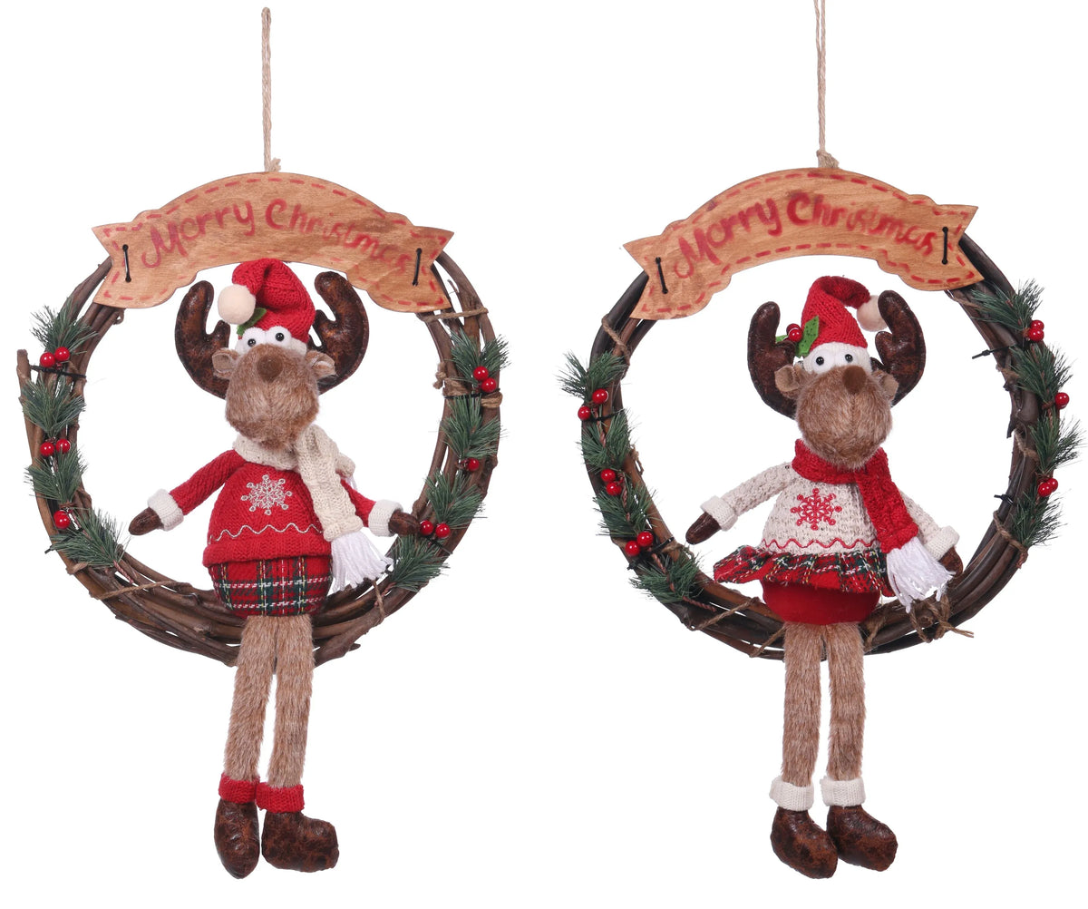 Christmas Wreath with Reindeer, 33 x 11 x 46 cm – 2 Assorted Designs, Bulk Buy x8