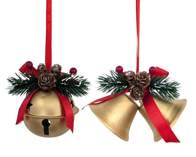 Christmas Gold Metal Bell Hanger, 7.5-10 cm – 2 Assorted Designs, Bulk Buy x24