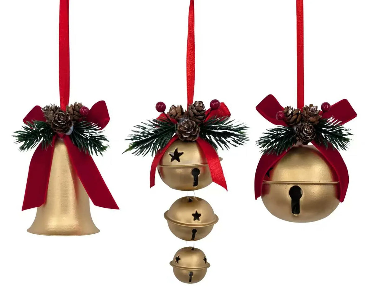 Christmas Gold Metal Bell Hanger, 10-15 cm – 3 Assorted Designs, Bulk Buy x24