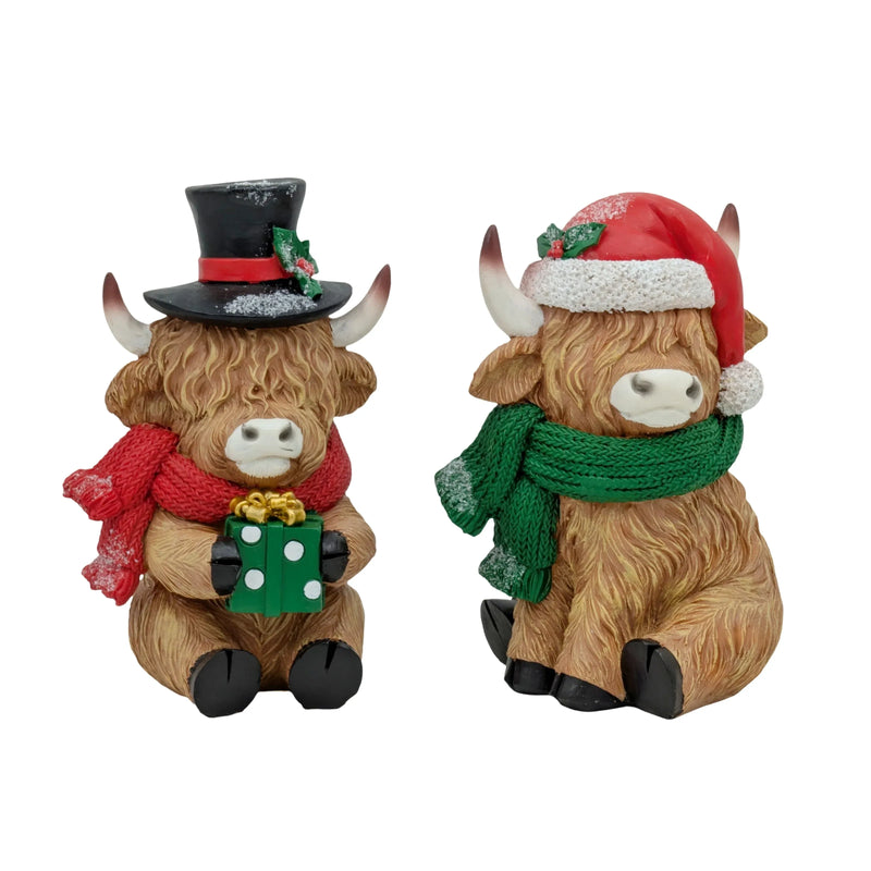 Christmas Polyresin Highland Cow, 13.5 x 12 x 20 cm – 2 Assorted Designs, Bulk Buy x8