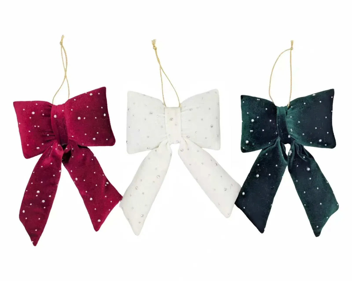 Christmas Fabric Hanging Bow, 13 x 4 x 17 cm – 3 Assorted Designs, Bulk Buy x24