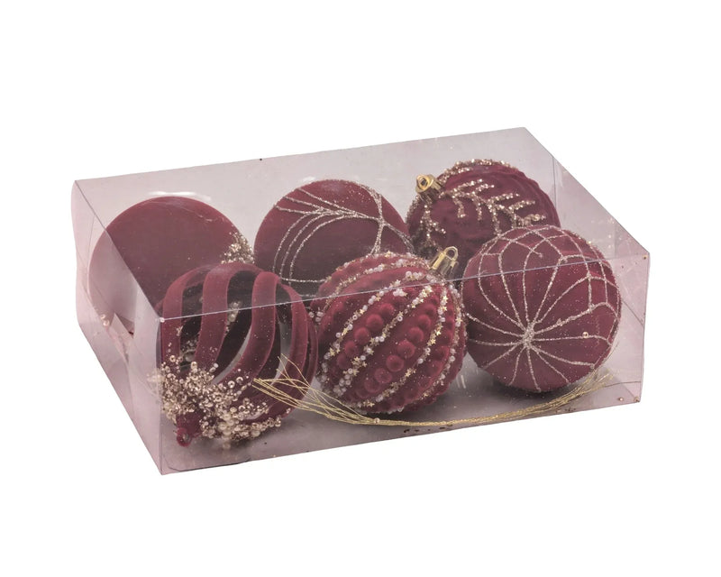 Christmas Burgundy Velvet Ornament, 8 cm dia. – Pack of 6, Bulk Buy x6