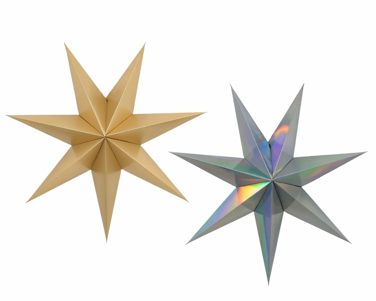 Christmas Folded Paper Metallic Star, 60 cm – 2 Assorted Designs, Bulk Buy x24