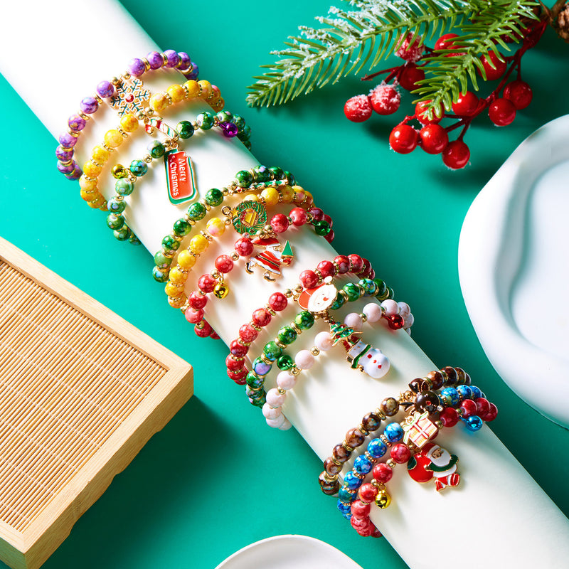 Christmas Beaded Charm Bracelets, Santa, Snowman & Reindeer – Pack of 12