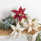 Glitter Velvet Poinsettia Christmas Tree Flowers, 26 cm Red & Gold – Set of 4