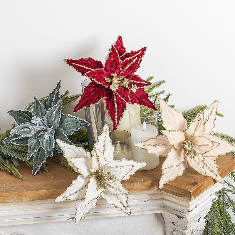 Glitter Velvet Poinsettia Christmas Tree Flowers, 26 cm Red & Gold – Set of 4