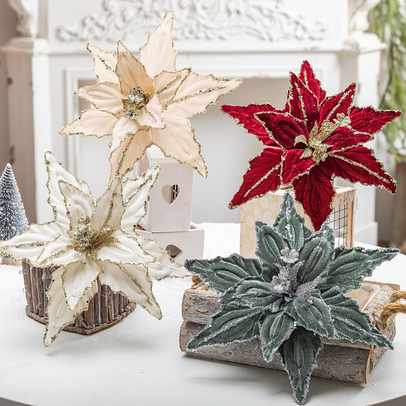 Glitter Velvet Poinsettia Christmas Tree Flowers, 26 cm Red & Gold – Set of 4