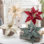 Glitter Velvet Poinsettia Christmas Tree Flowers, 26 cm Red & Gold – Set of 4