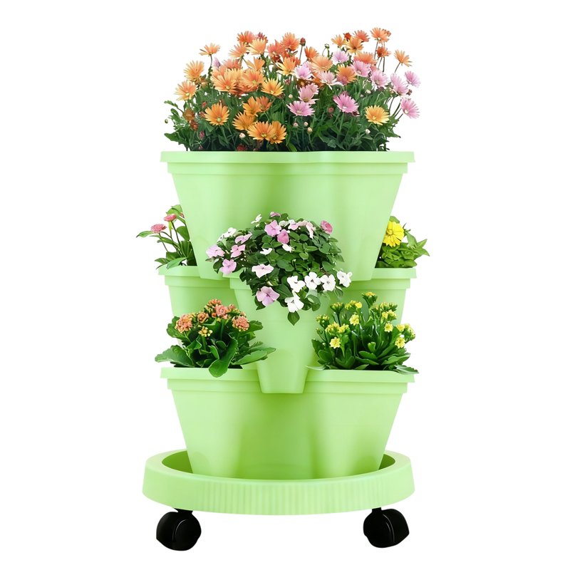 3-Tier Stackable Strawberry Planter with Wheeled Tray – Green