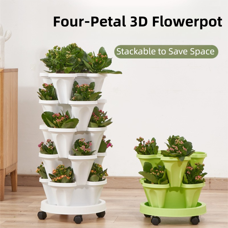3-Tier Stackable Strawberry Planter with Wheeled Tray – Green