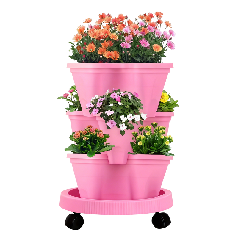 3-Tier Stackable Strawberry Planter with Wheeled Tray – Pink