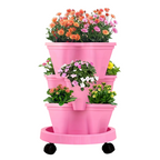 3-Tier Stackable Strawberry Planter with Wheeled Tray – Pink