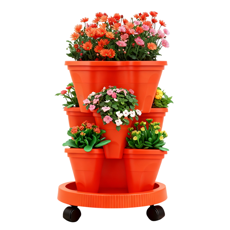 3-Tier Stackable Strawberry Planter with Wheeled Tray – Red