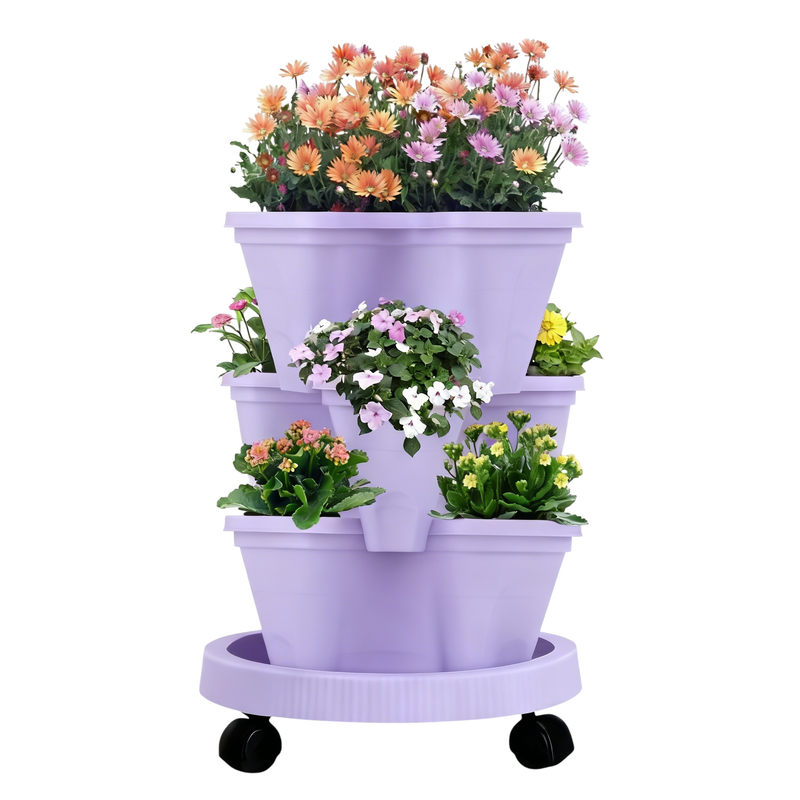 3-Tier Stackable Strawberry Planter with Wheeled Tray – Purple