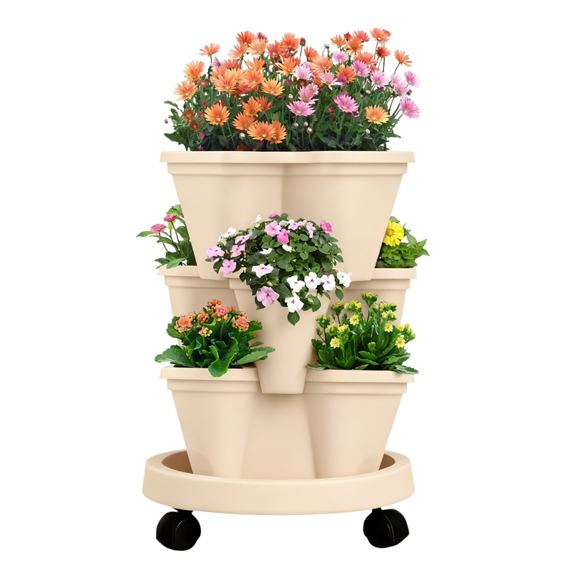 3-Tier Stackable Strawberry Planter with Wheeled Tray – Beige