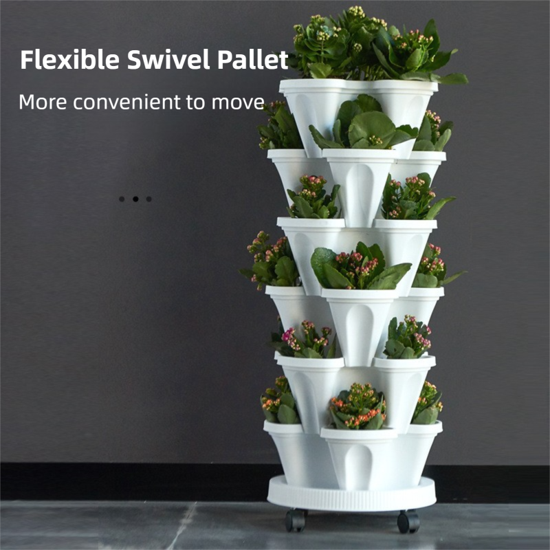3-Tier Stackable Strawberry Planter with Wheeled Tray – Beige