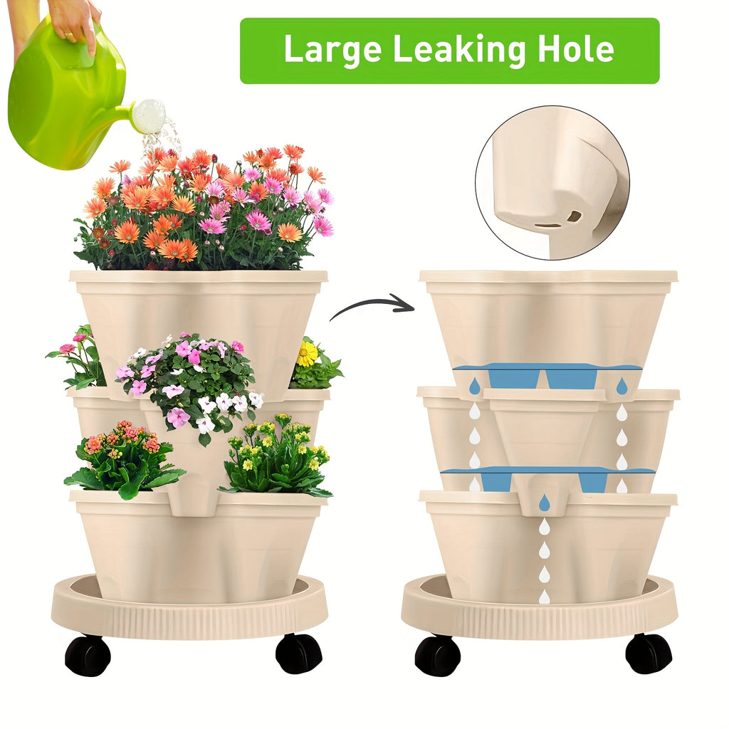 3-Tier Stackable Strawberry Planter with Wheeled Tray – Beige