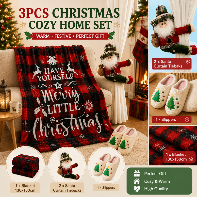 Christmas Home Comfort Gift Set, Throw, Slippers AU 10-11 & Santa Tiebacks