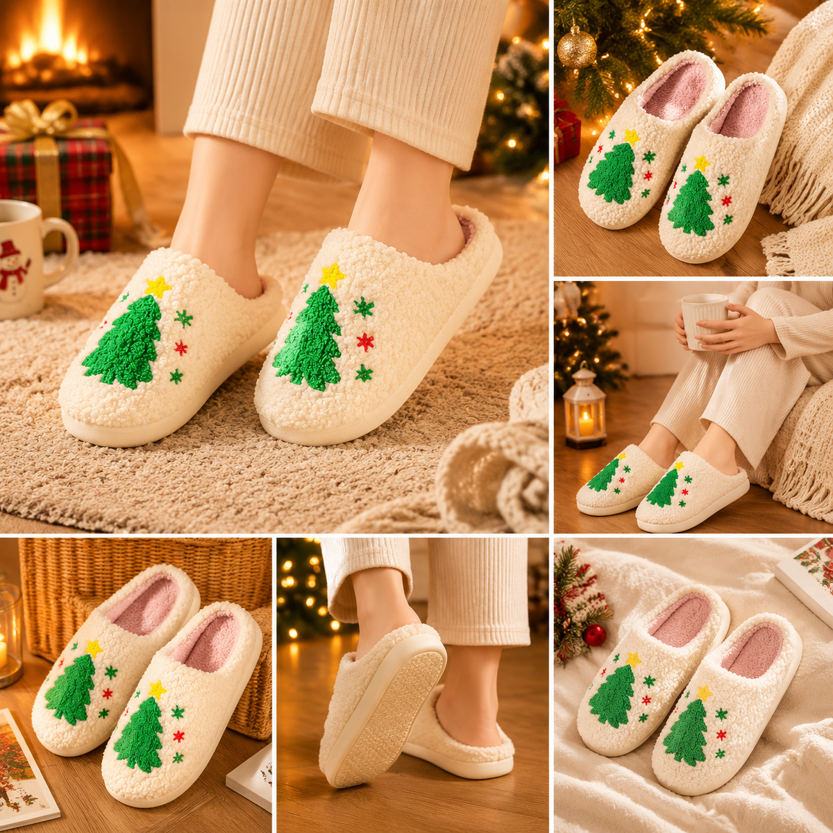 Christmas Home Comfort Gift Set, Throw, Slippers AU 10-11 & Santa Tiebacks