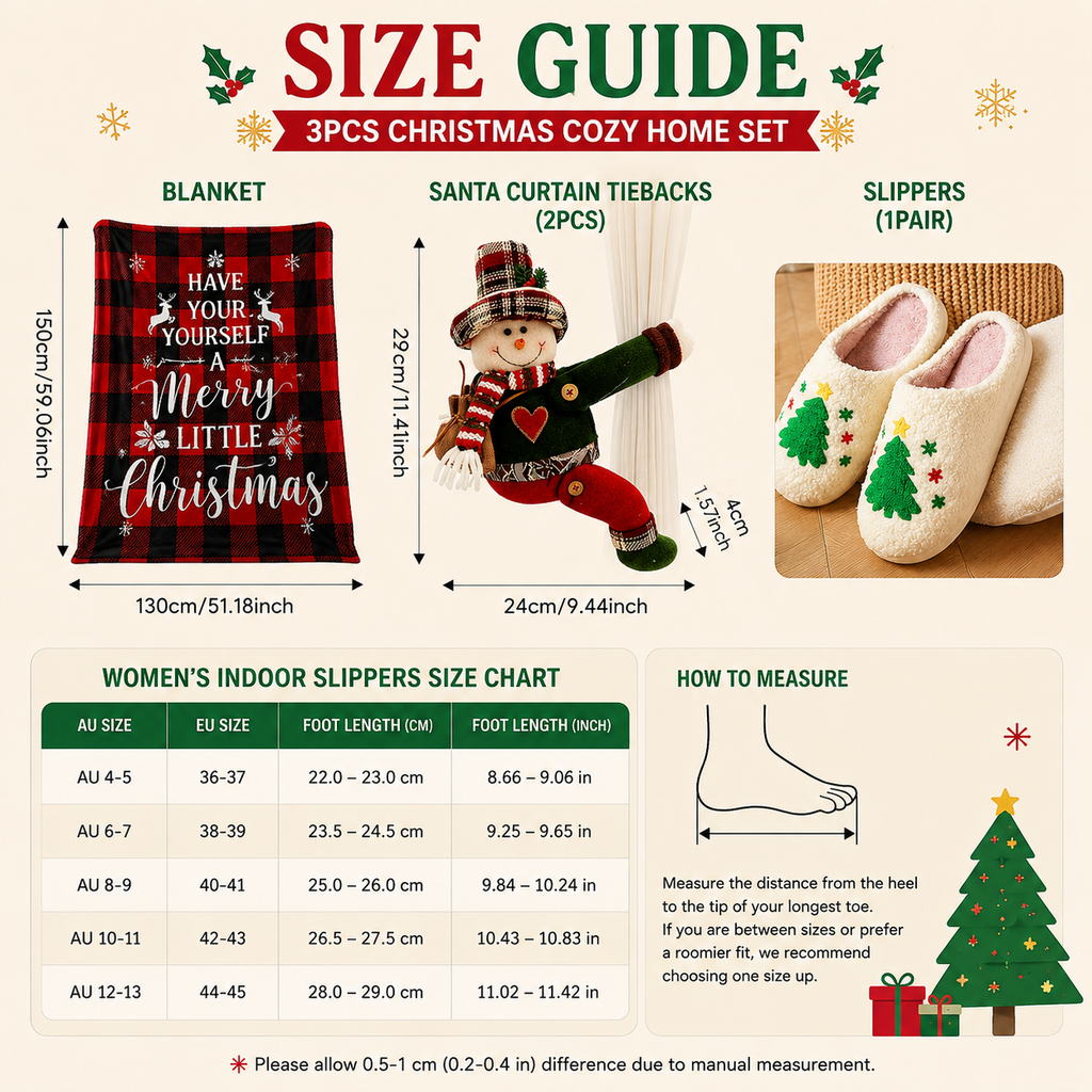 Christmas Home Comfort Gift Set, Throw, Slippers AU 10-11 & Santa Tiebacks