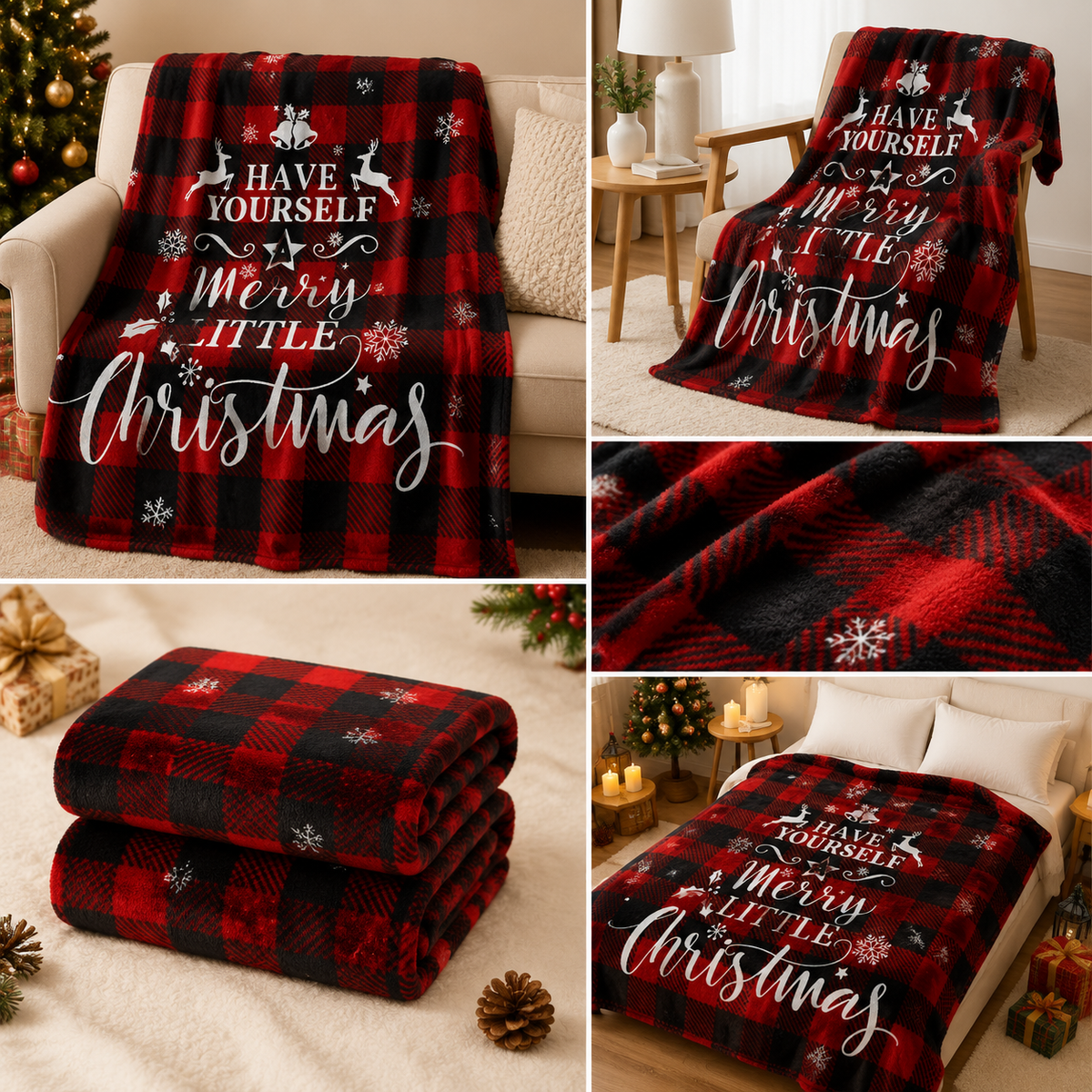 Christmas Home Comfort Gift Set, Throw, Slippers AU 6-7 & Snowman Tiebacks