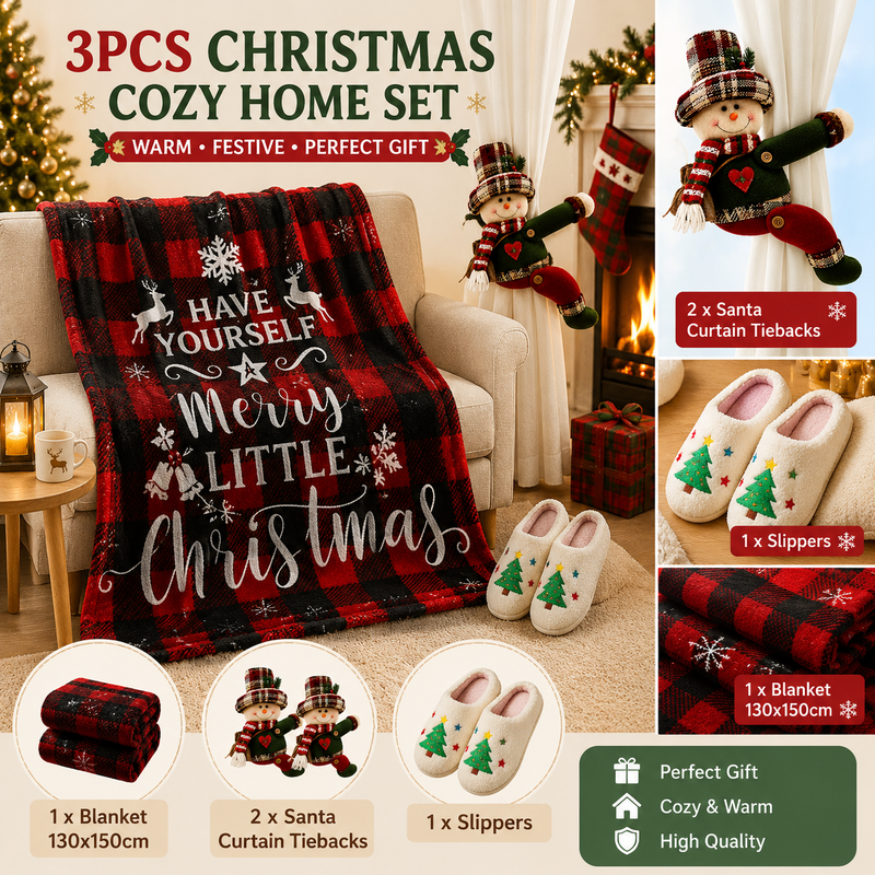 Christmas Home Comfort Gift Set, Throw, Slippers AU 10-11 & Snowman Tiebacks