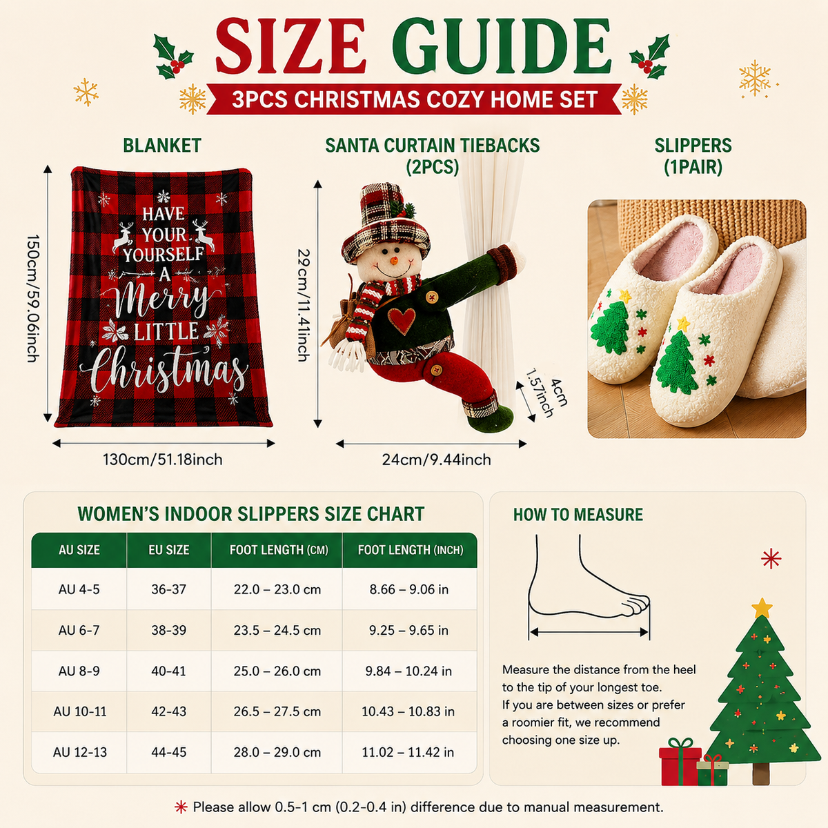 Christmas Home Comfort Gift Set, Throw, Slippers AU 10-11 & Snowman Tiebacks
