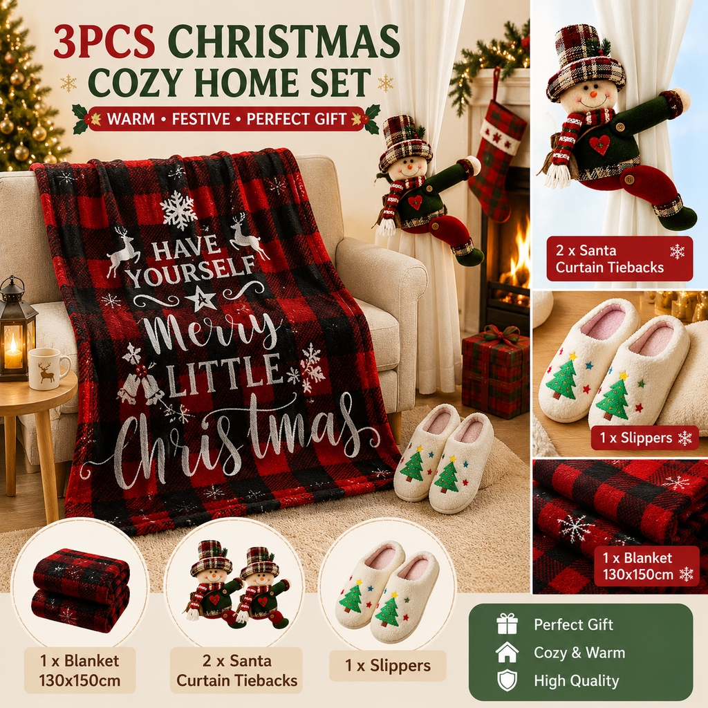 Christmas Home Comfort Gift Set, Throw, Slippers AU 12-13 & Snowman Tiebacks