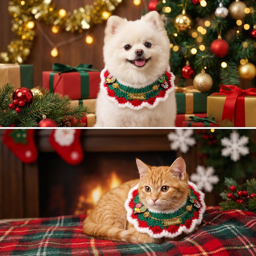 Christmas Knitted Pet Collar, White Fringe – Dogs & Cats