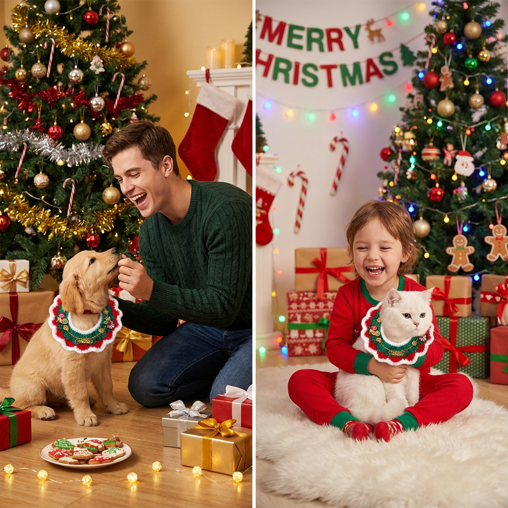 Christmas Knitted Pet Collar, White Fringe – Dogs & Cats