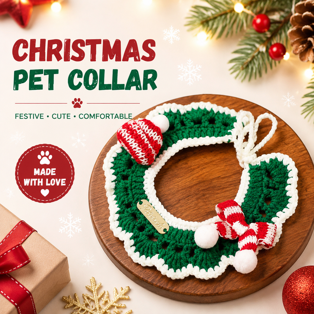 Christmas Knitted Pet Collar, Green Scarf & Hat – Dogs & Cats