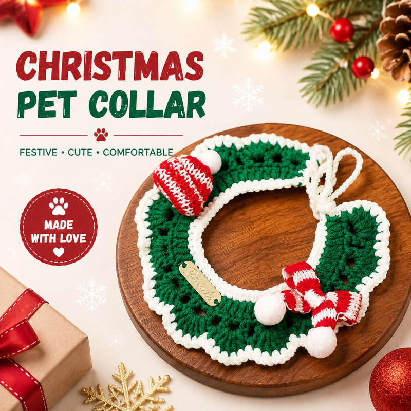 Christmas Knitted Pet Collar, Green Scarf & Hat – Dogs & Cats