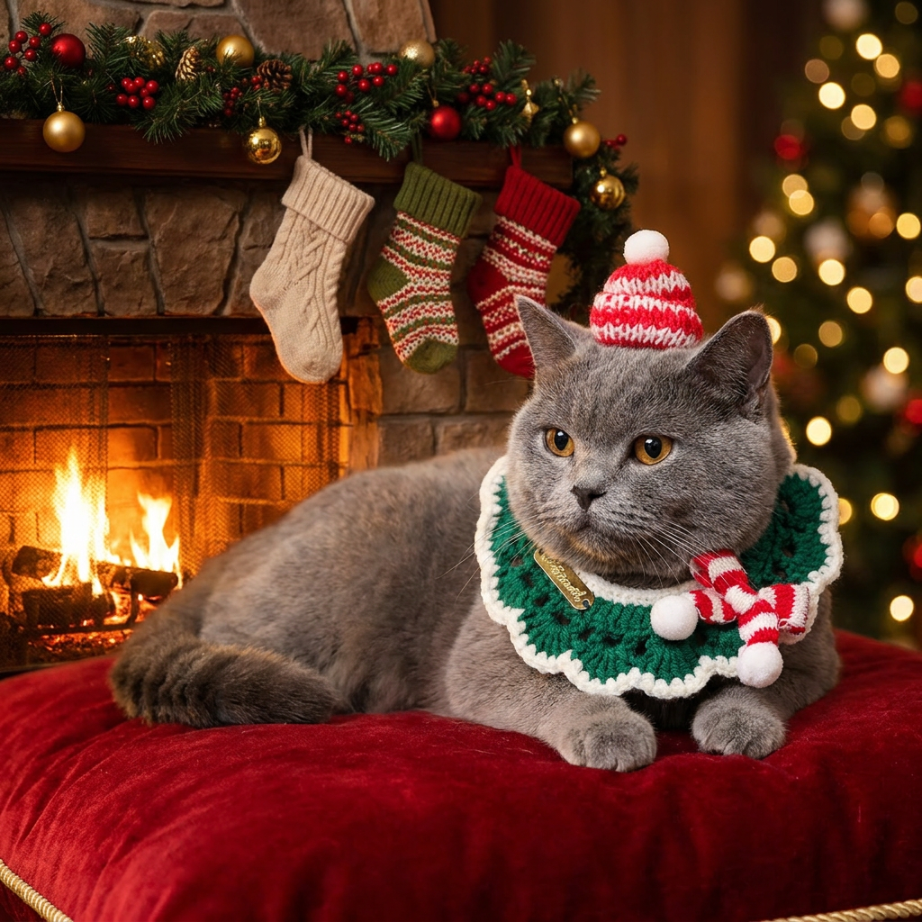 Christmas Knitted Pet Collar, Green Scarf & Hat – Dogs & Cats