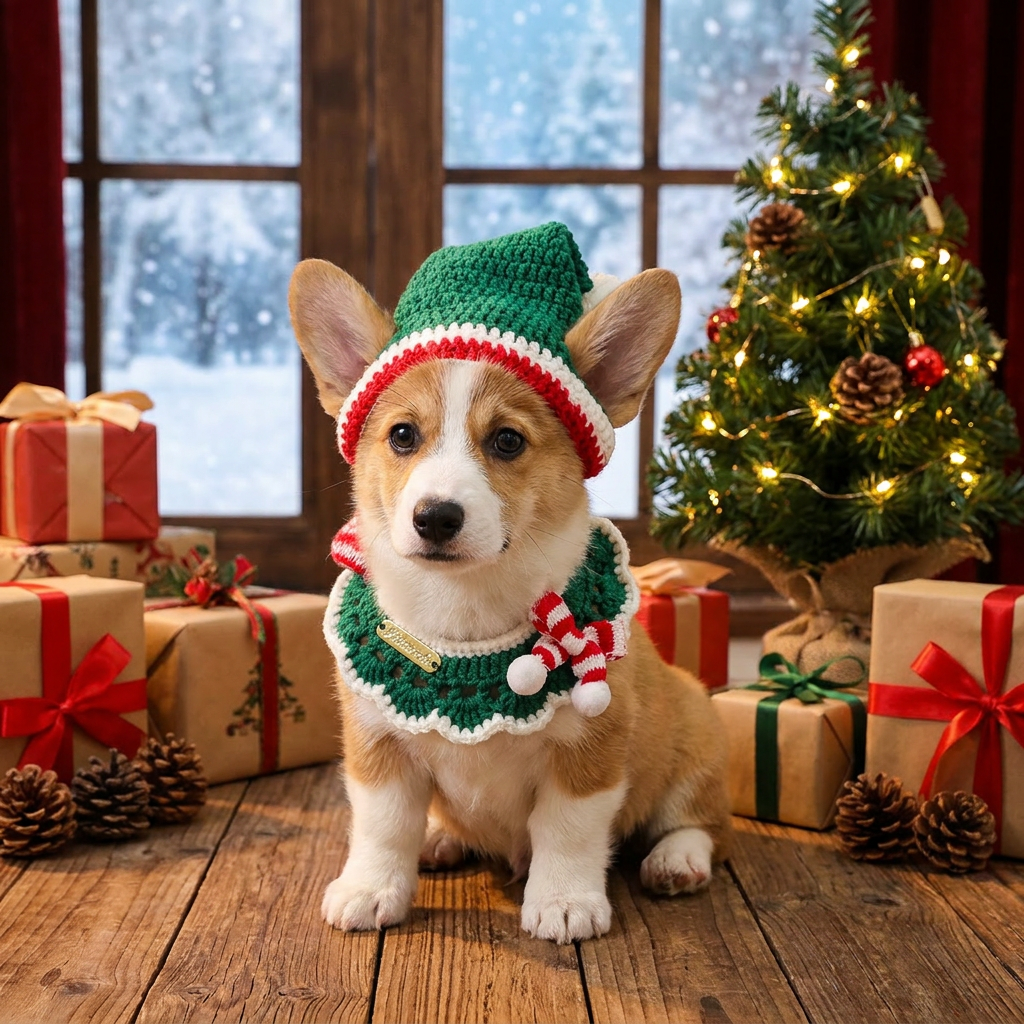 Christmas Knitted Pet Collar, Green Scarf & Hat – Dogs & Cats