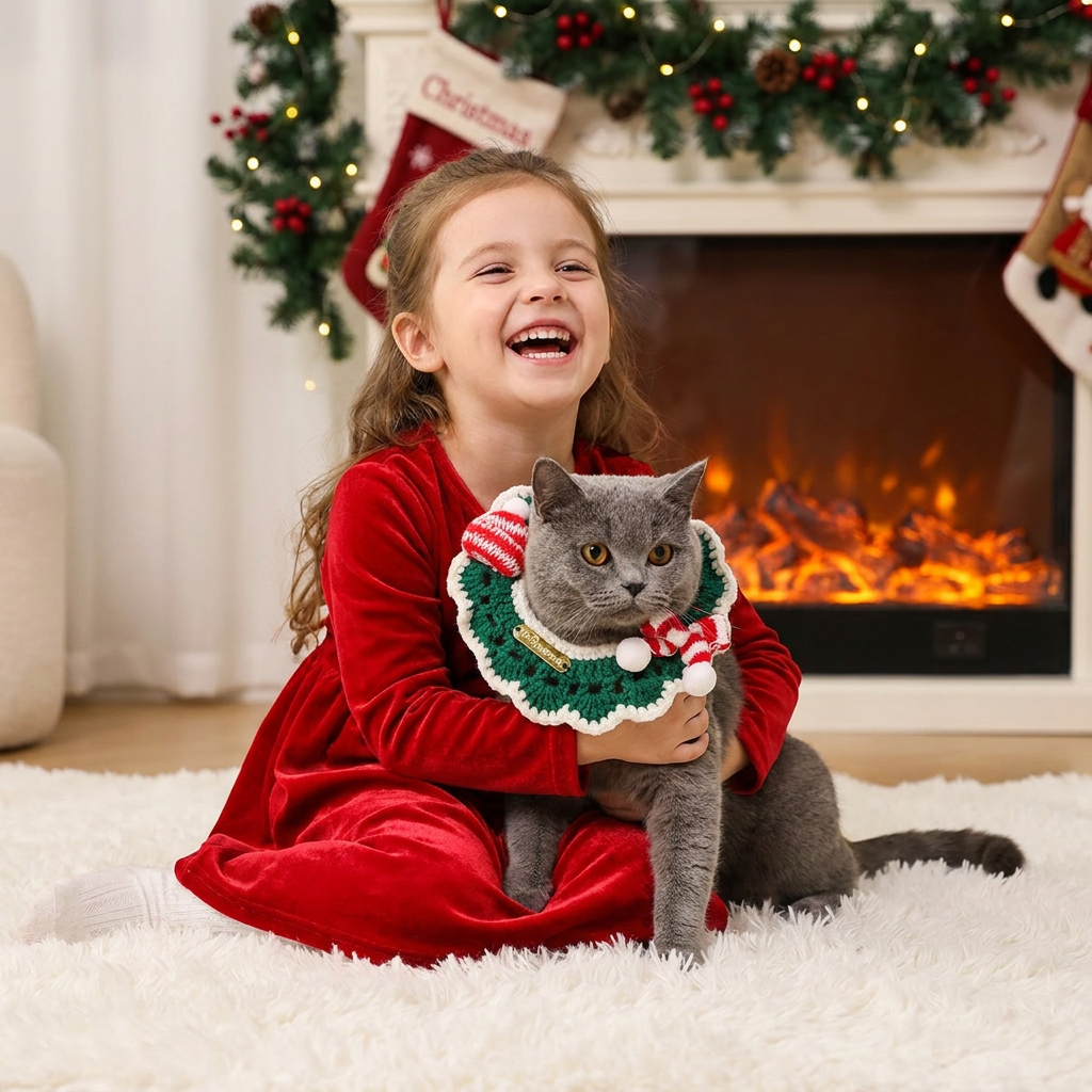 Christmas Knitted Pet Collar, Green Scarf & Hat – Dogs & Cats